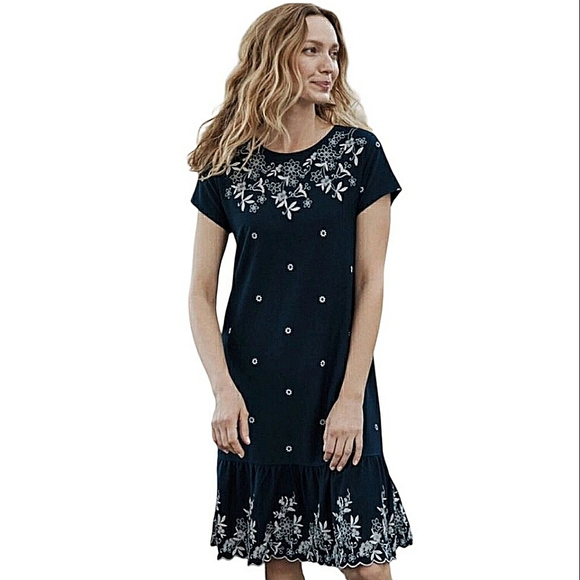 J Jill Navy White Floral Embroidered Knee Length Dress Size 1X Cottagecore - Picture 1 of 13
